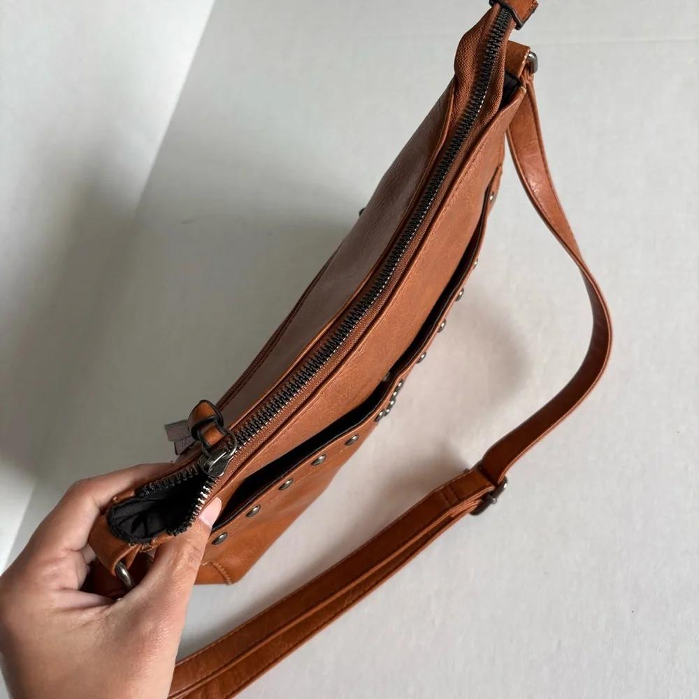 Sam & Hadley Studded Tan Faux Leather Shoulder Bag